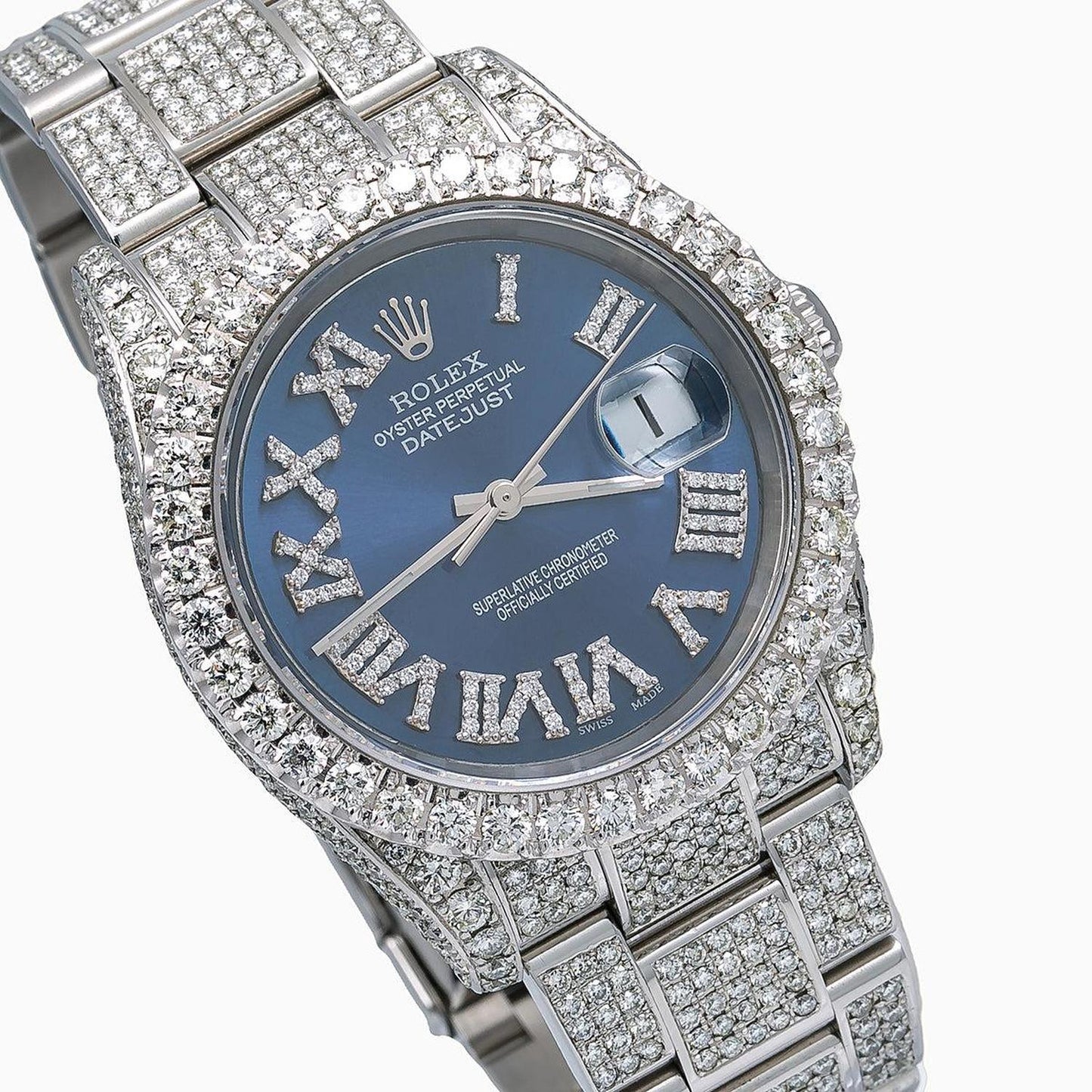 Rolex Datejust 36MM 116234 Blue Roman Diamond Dial Diamond Bezel Stainless Steel Full Diamond Oyster Bracelet 14.75ct