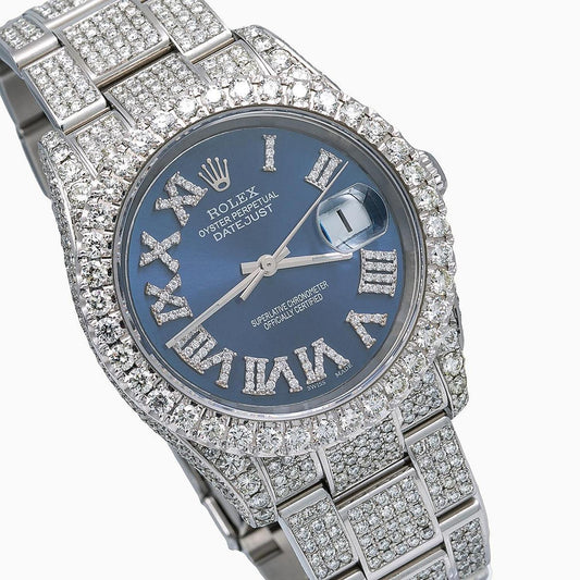 Rolex Datejust 36MM 116234 Blue Roman Diamond Dial Diamond Bezel Stainless Steel Full Diamond Oyster Bracelet 14.75ct
