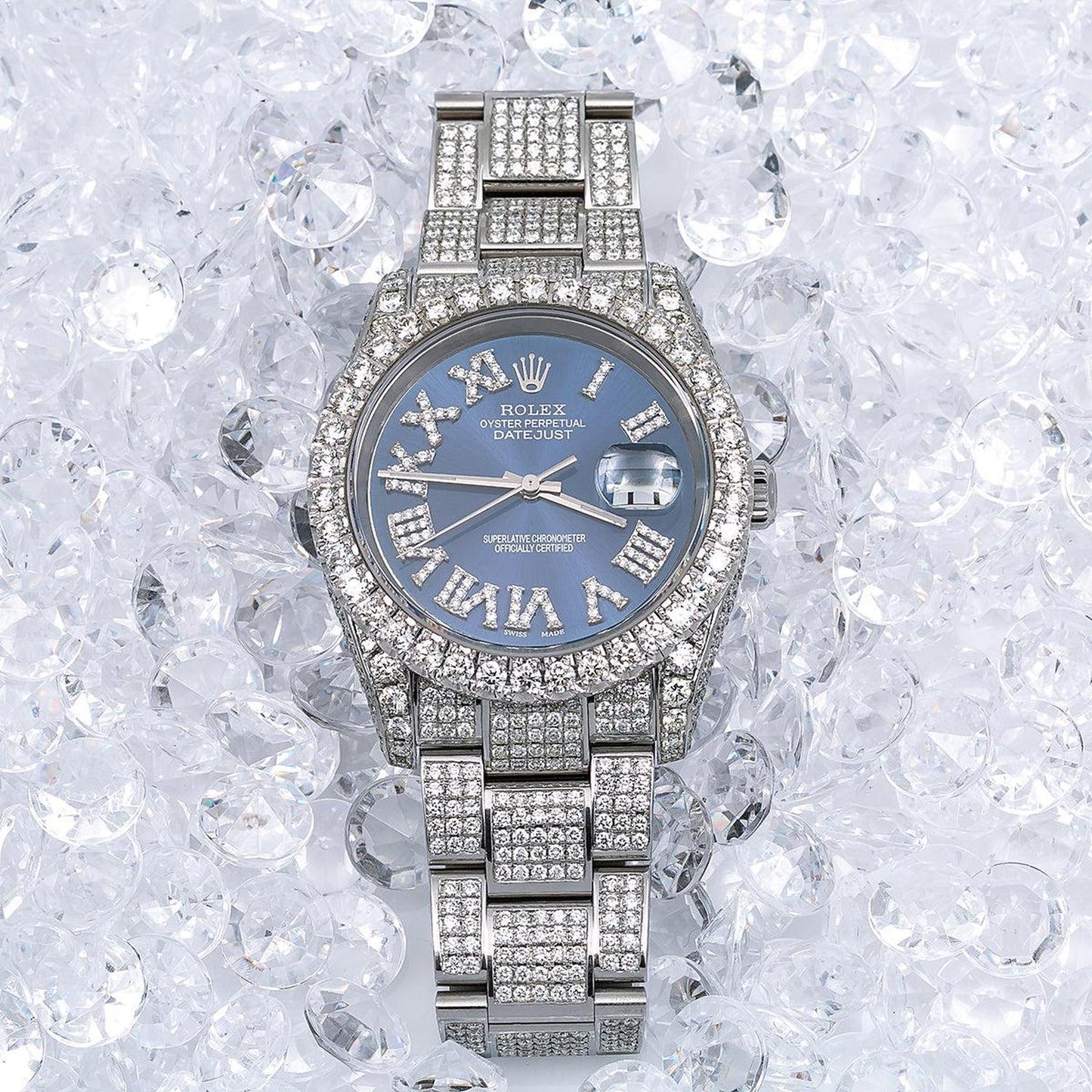 Rolex Datejust 36MM 116234 Blue Roman Diamond Dial Diamond Bezel Stainless Steel Full Diamond Oyster Bracelet 14.75ct