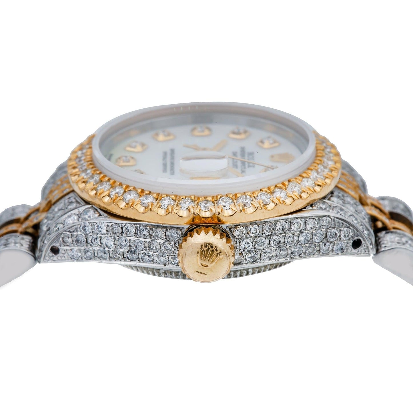 Rolex Datejust 26MM 69173 Mother of Pearl Diamond Dial Diamond Bezel Two Tone Yellow Gold Full Diamond Jubilee Bracelet 5.75ct