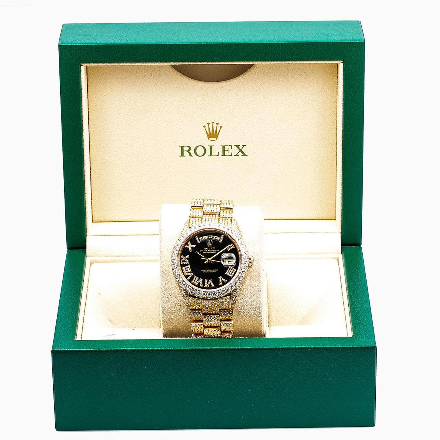 Rolex Day-Date 36MM 18038 Diamond Paved Black Roman Diamond Dial Diamond Bezel 18K Yellow Gold Full Diamond President Bracelet 23.25ct