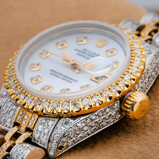Rolex Datejust 26MM 69173 Mother of Pearl Diamond Dial Diamond Bezel Two Tone Yellow Gold Full Diamond Jubilee Bracelet 5.75ct