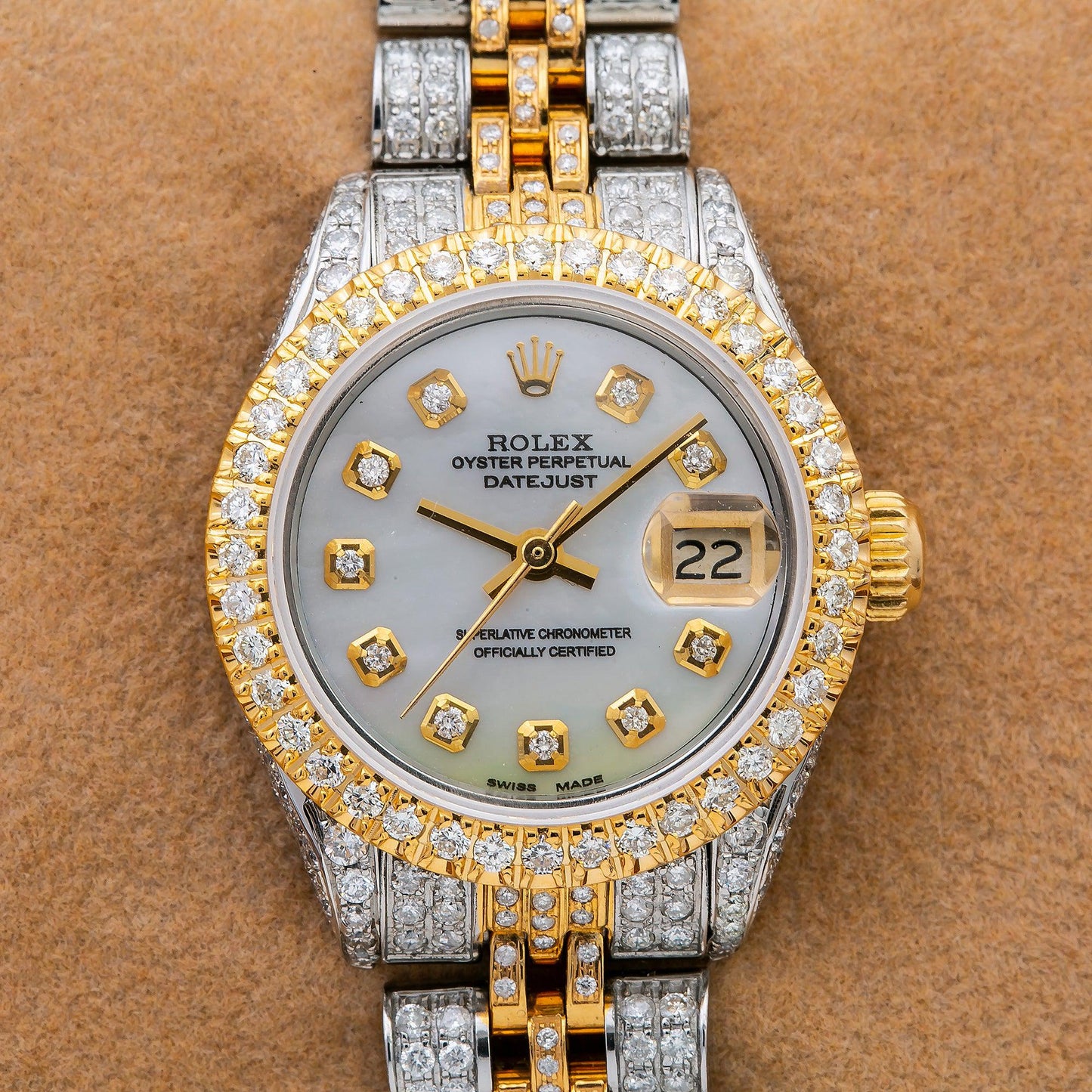 Rolex Datejust 26MM 6917 Mother of Pearl Diamond Dial Diamond Bezel Two Tone Yellow Gold Full Diamond Jubilee Bracelet 5.75ct