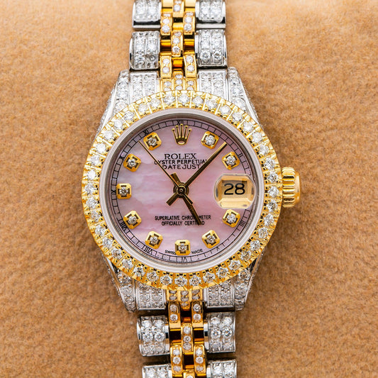 Rolex Datejust 26MM 6917 Pink Mother of Pearl Diamond Dial Diamond Bezel Two Tone Yellow Gold Full Diamond Jubilee Bracelet 5.75ct