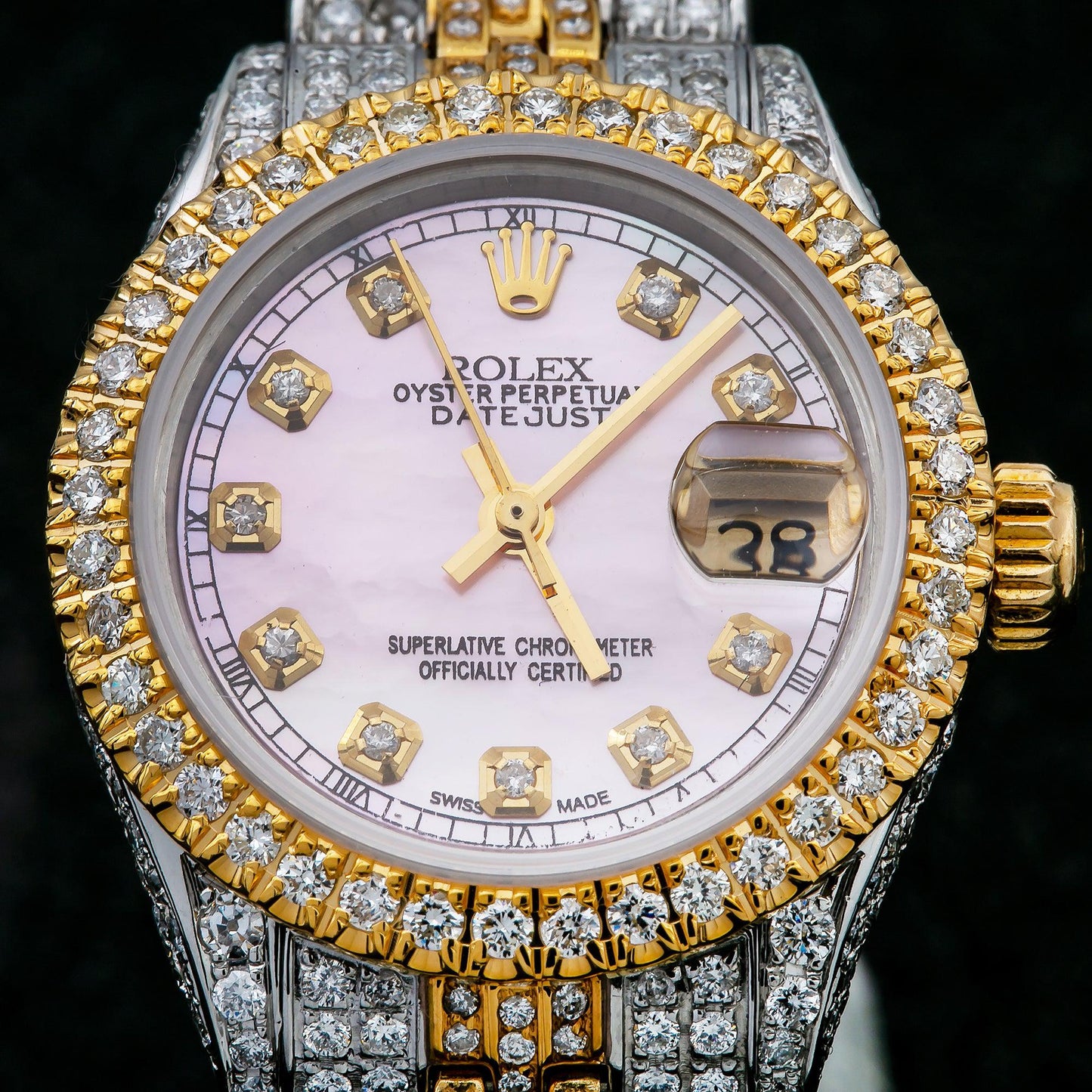 Rolex Datejust 26MM 6917 Pink Mother of Pearl Diamond Dial Diamond Bezel Two Tone Yellow Gold Full Diamond Jubilee Bracelet 5.75ct