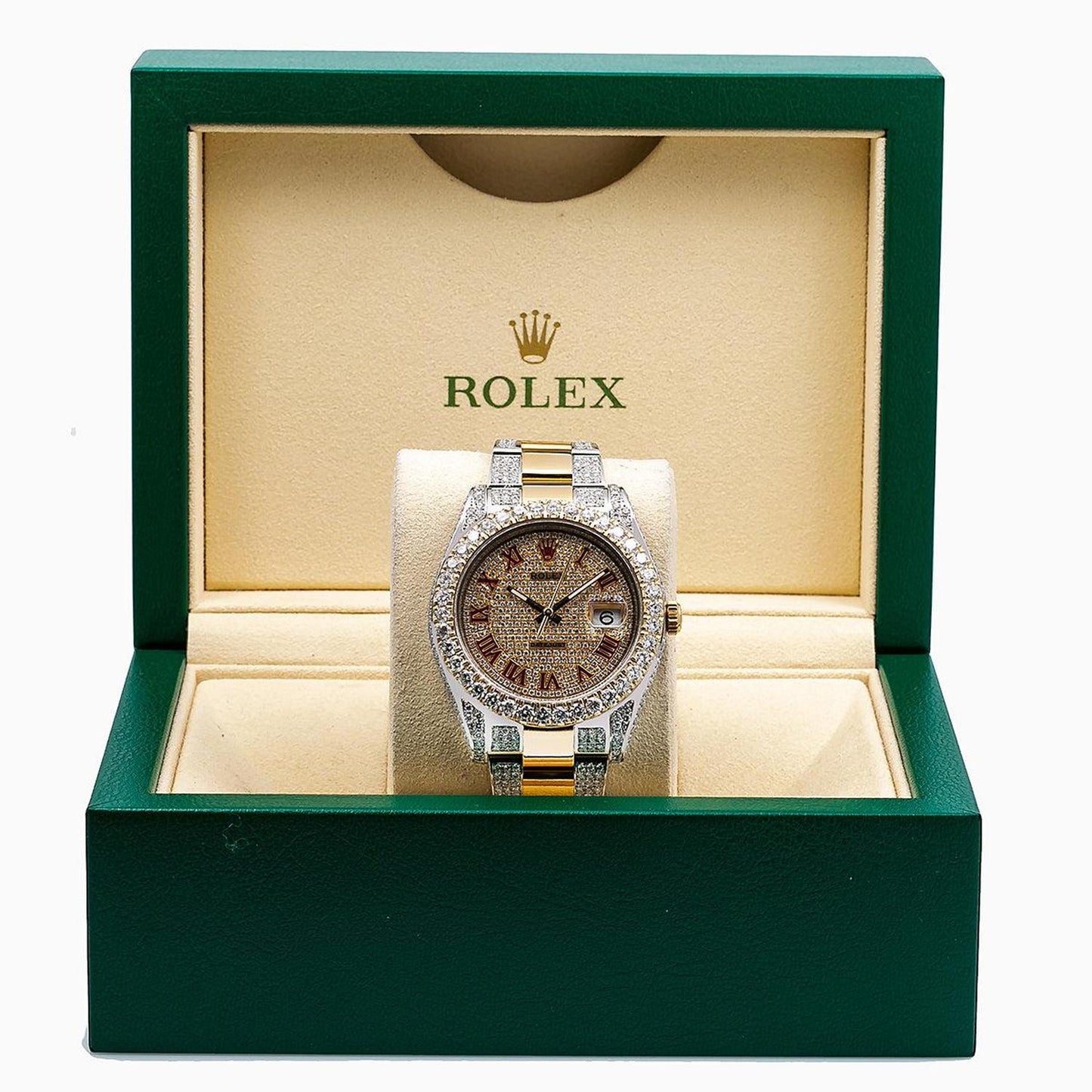 Rolex Datejust 41MM 116333 Diamond Paved Red Roman Dial Diamond Bezel Two Tone Yellow Gold Semi Diamond Oyster Bracelet 11.75ct