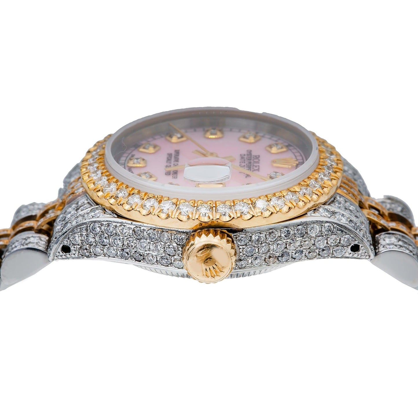 Rolex Datejust 26MM 6917 Pink Mother of Pearl Diamond Dial Diamond Bezel Two Tone Yellow Gold Full Diamond Jubilee Bracelet 5.75ct