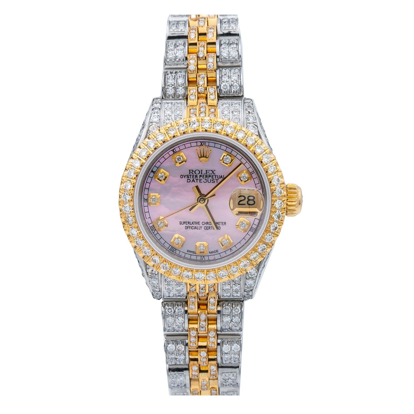 Rolex Datejust 26MM 6917 Pink Mother of Pearl Diamond Dial Diamond Bezel Two Tone Yellow Gold Full Diamond Jubilee Bracelet 5.75ct