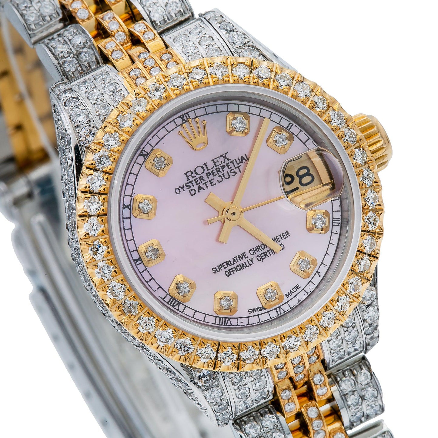 Rolex Datejust 26MM 6917 Pink Mother of Pearl Diamond Dial Diamond Bezel Two Tone Yellow Gold Full Diamond Jubilee Bracelet 5.75ct