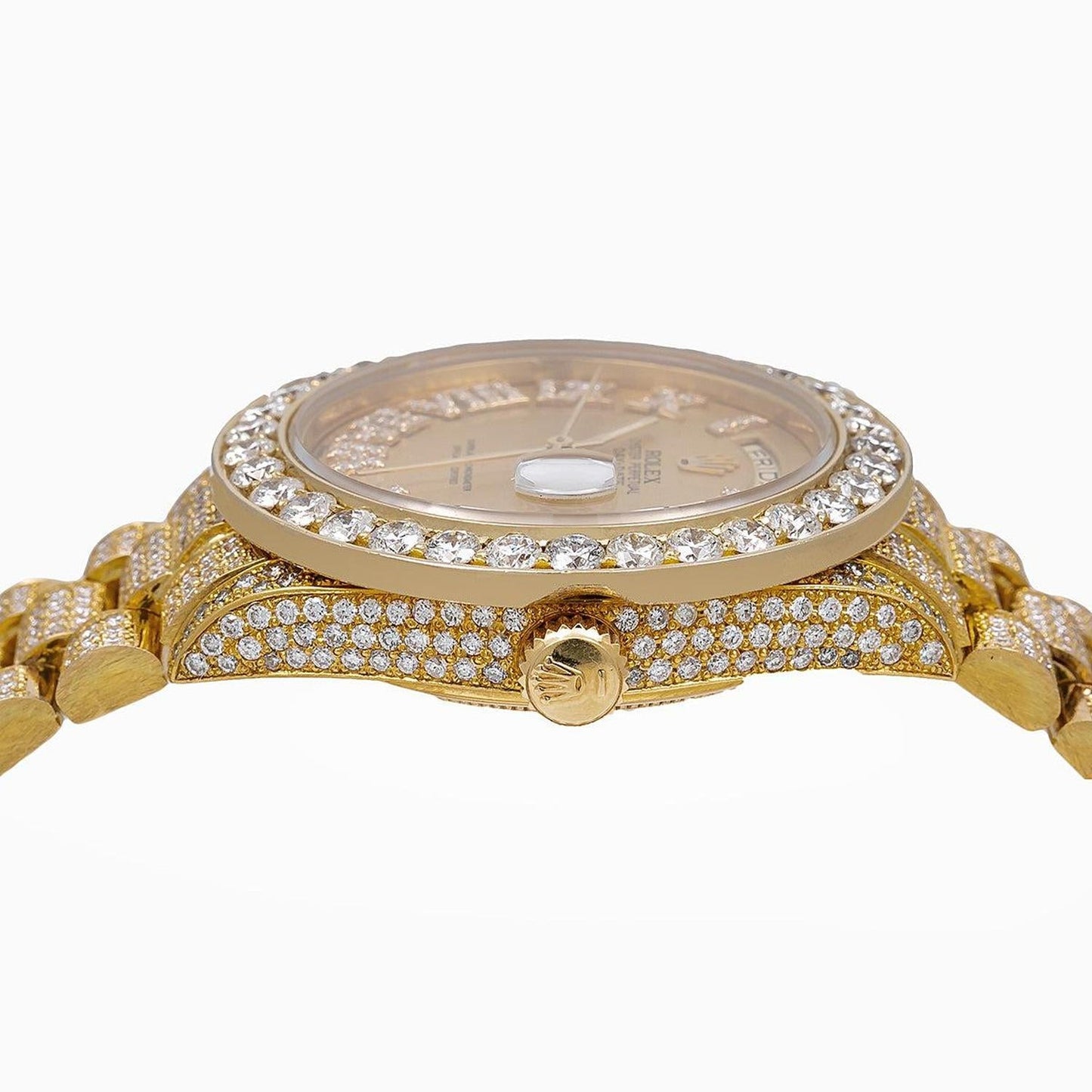 Rolex Day-Date 36MM 18038 Champagne Roman Diamond Dial Diamond Bezel 18K Yellow Gold Full Diamond President Bracelet 18.83ct