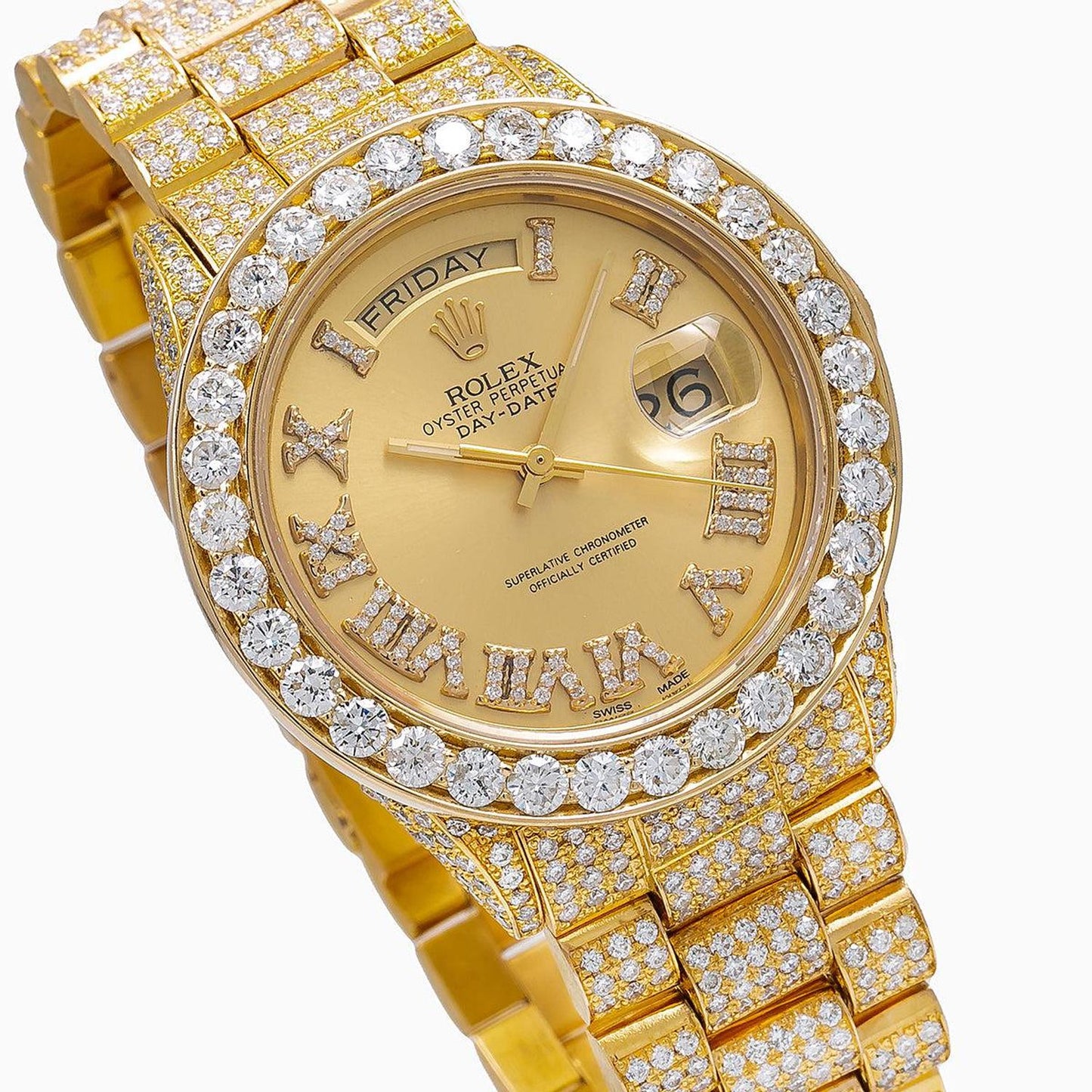 Rolex Day-Date 36MM 18038 Champagne Roman Diamond Dial Diamond Bezel 18K Yellow Gold Full Diamond President Bracelet 18.83ct