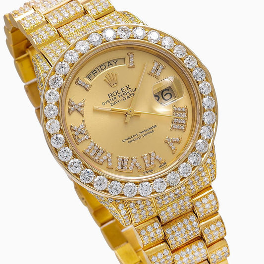 Rolex Day-Date 36MM 18038 Champagne Roman Diamond Dial Diamond Bezel 18K Yellow Gold Full Diamond President Bracelet 18.83ct