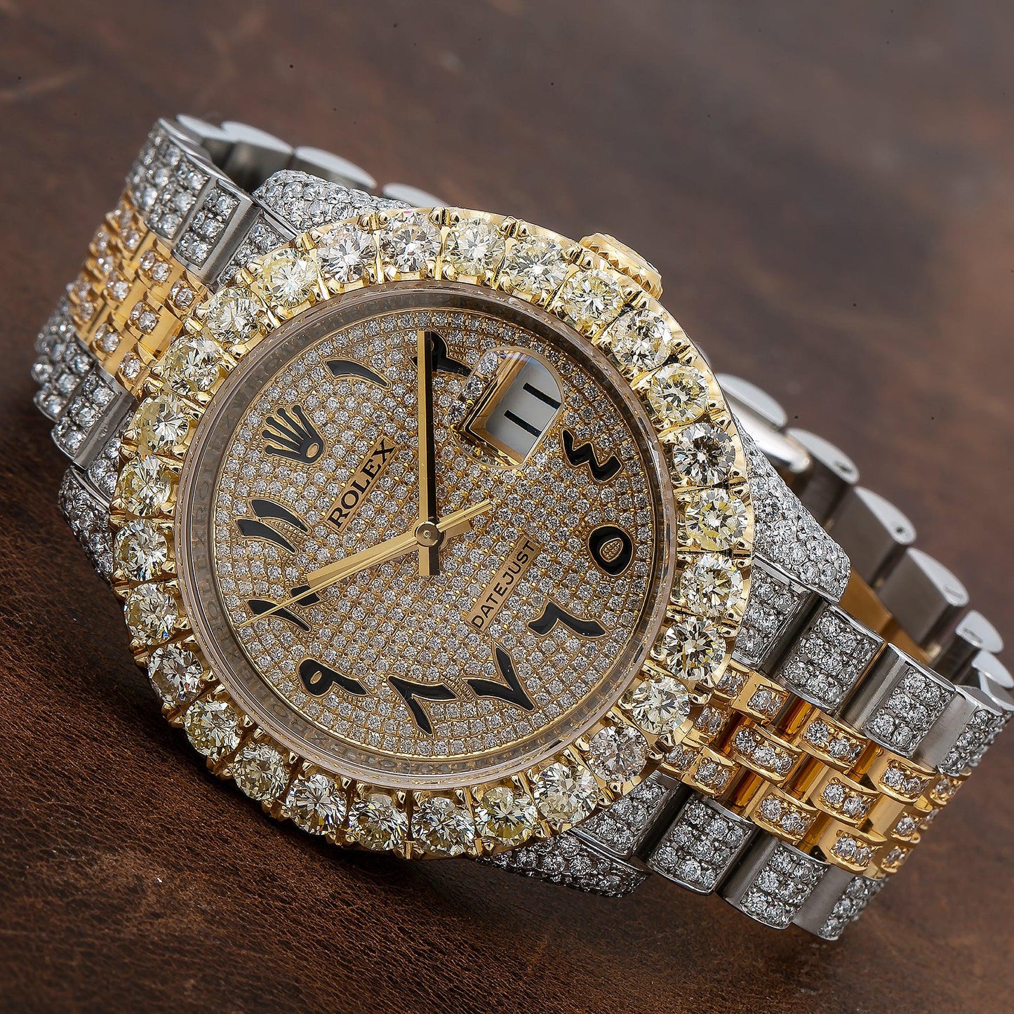 Rolex Datejust 36MM 116233 Diamond Paved Eastern Arabic Dial Diamond Bezel Two Tone Yellow Gold Full Diamond Jubilee Bracelet