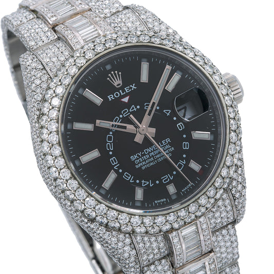 Rolex Sky-Dweller 42MM 326934 Black Dial Diamond Bezel Stainless Steel Full Diamond Oyster Bracelet 29.75ct