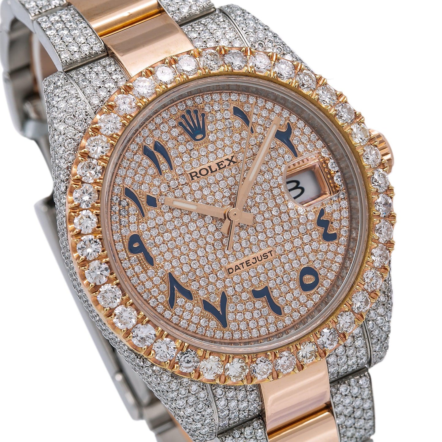 Rolex Datejust 41MM 126331 Diamond Paved Eastern Arabic Dial Diamond Bezel Two Tone Rose Gold Semi Diamond Oyster Bracelet 17.25ct