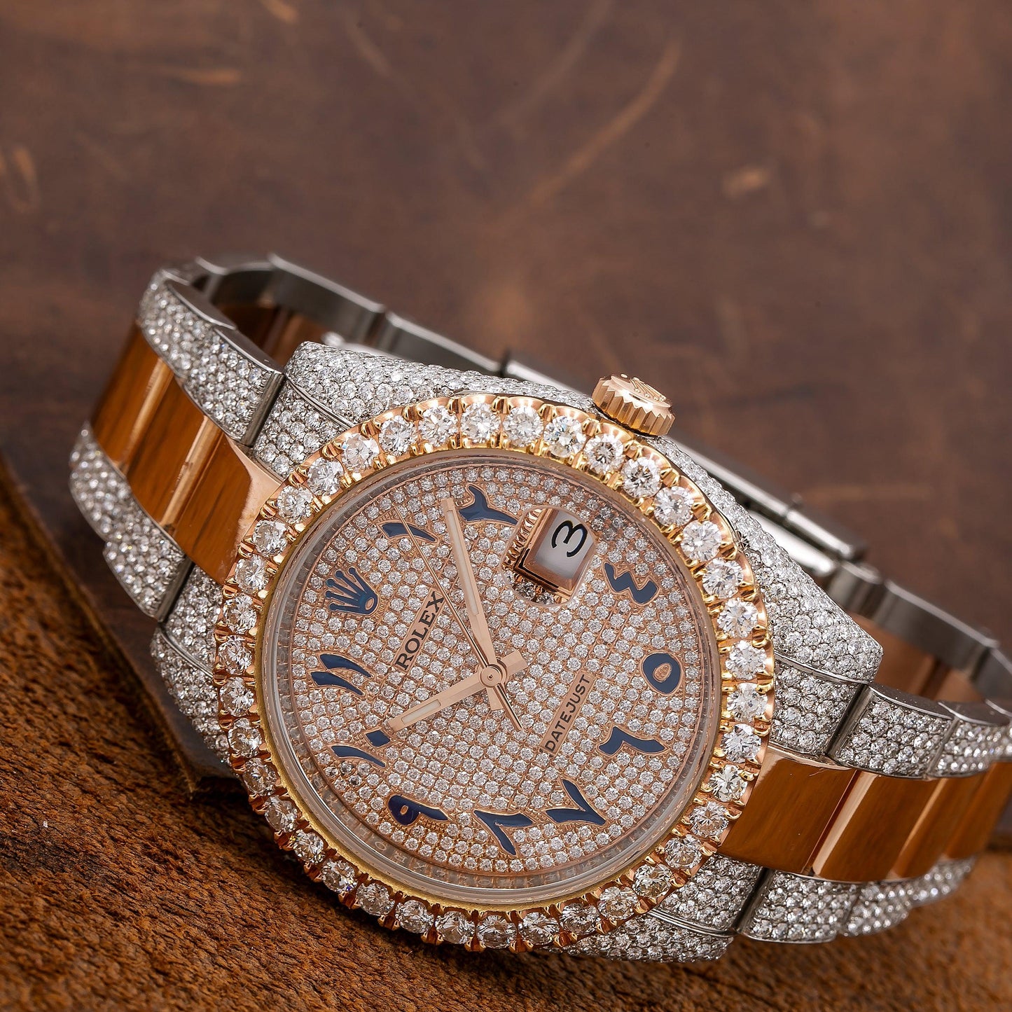 Rolex Datejust 41MM 126331 Diamond Paved Eastern Arabic Dial Diamond Bezel Two Tone Rose Gold Semi Diamond Oyster Bracelet 17.25ct