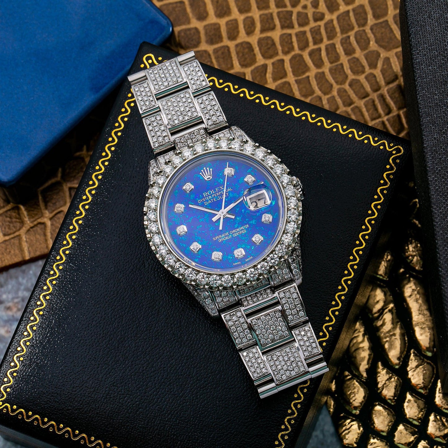 Rolex Datejust 36MM 16014 Blue Diamond Dial Diamond Bezel Stainless Steel Full Diamond Oyster Bracelet