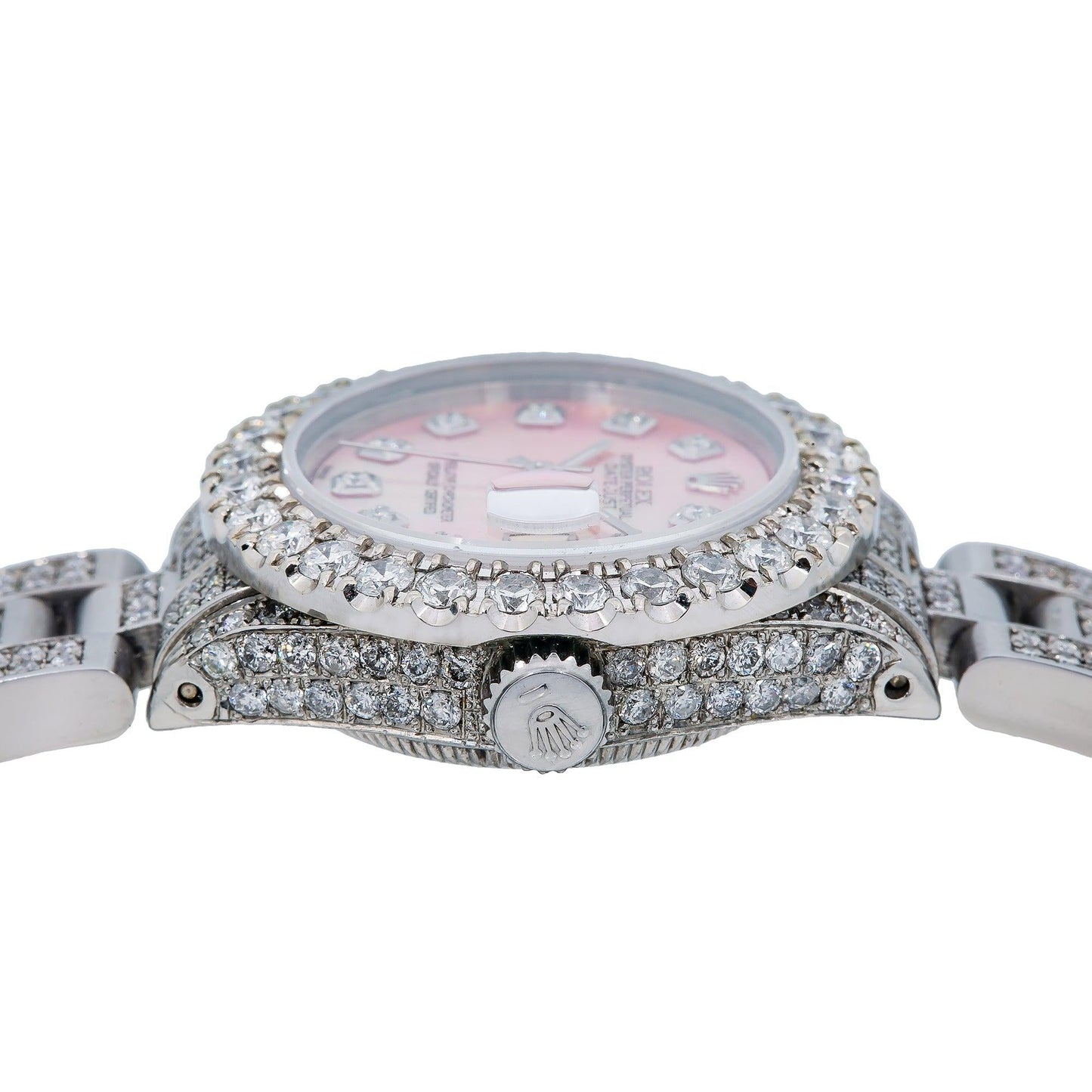 Rolex Datejust 26MM 6916 Pink Mother of Pearl Diamond Dial Diamond Bezel Stainless Steel Full Diamond Oyster Bracelet 6.95ct