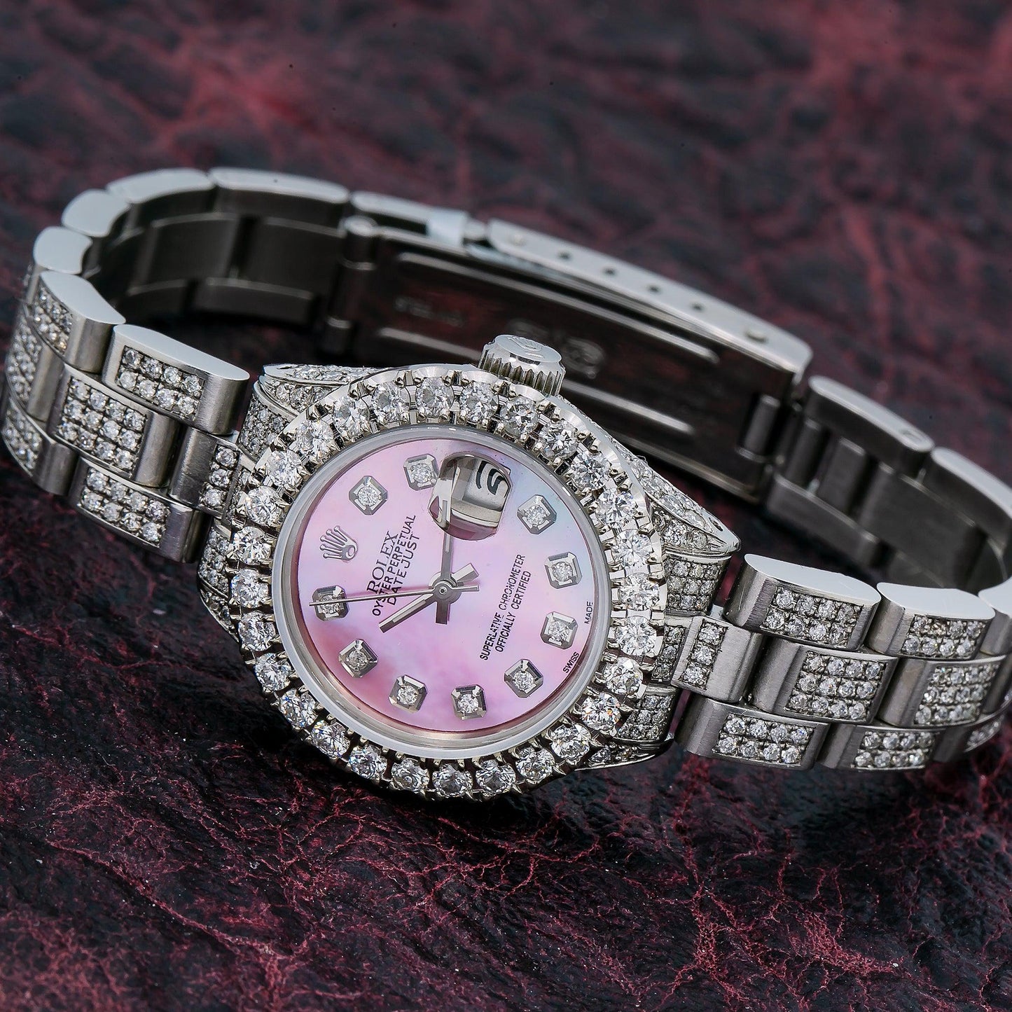 Rolex Datejust 26MM 6916 Pink Mother of Pearl Diamond Dial Diamond Bezel Stainless Steel Full Diamond Oyster Bracelet 6.95ct
