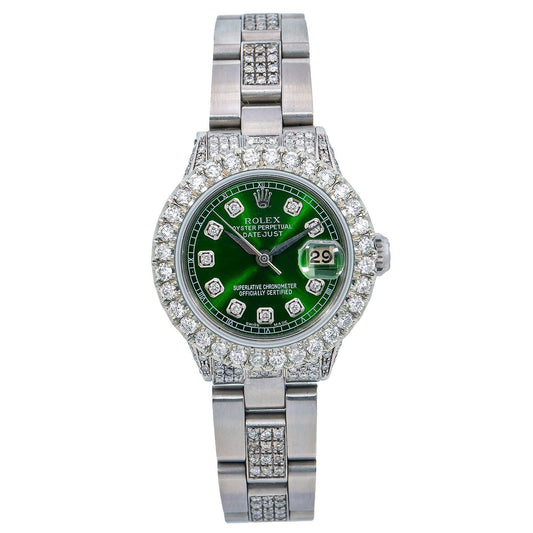 Rolex Datejust 26MM 6916 Green Diamond Dial Diamond Bezel Stainless Steel Semi Diamond Oyster Bracelet 6.05ct