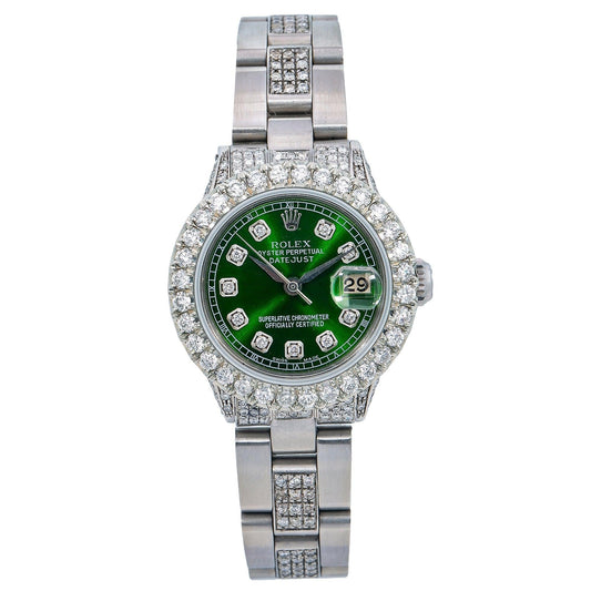 Rolex Datejust 26MM 69160 Green Diamond Dial Diamond Bezel Stainless Steel Semi Diamond Oyster Bracelet 6.05ct