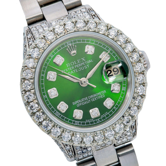 Rolex Datejust 26MM 6916 Green Diamond Dial Diamond Bezel Stainless Steel Semi Diamond Oyster Bracelet 6.05ct