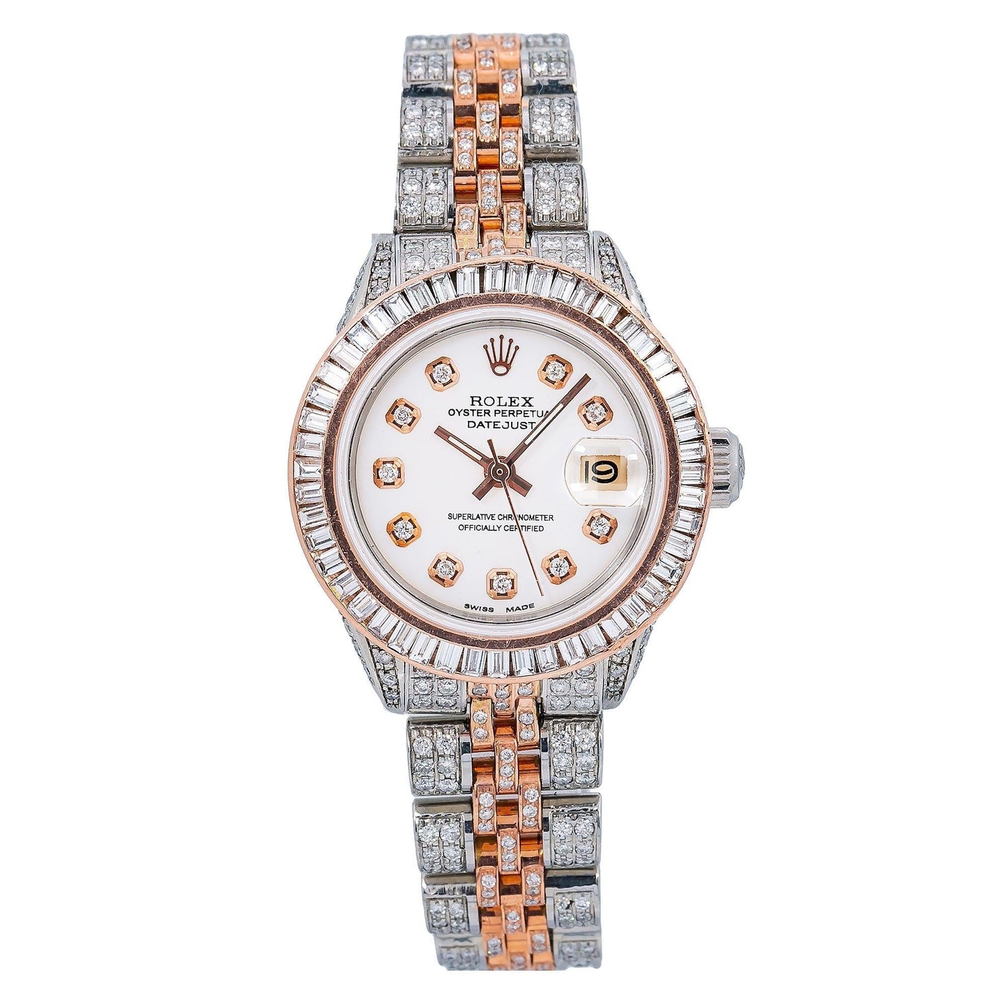 Rolex Datejust 26MM 69173 White Diamond Dial Diamond Bezel Two Tone Rose Gold Full Diamond Jubilee Bracelet