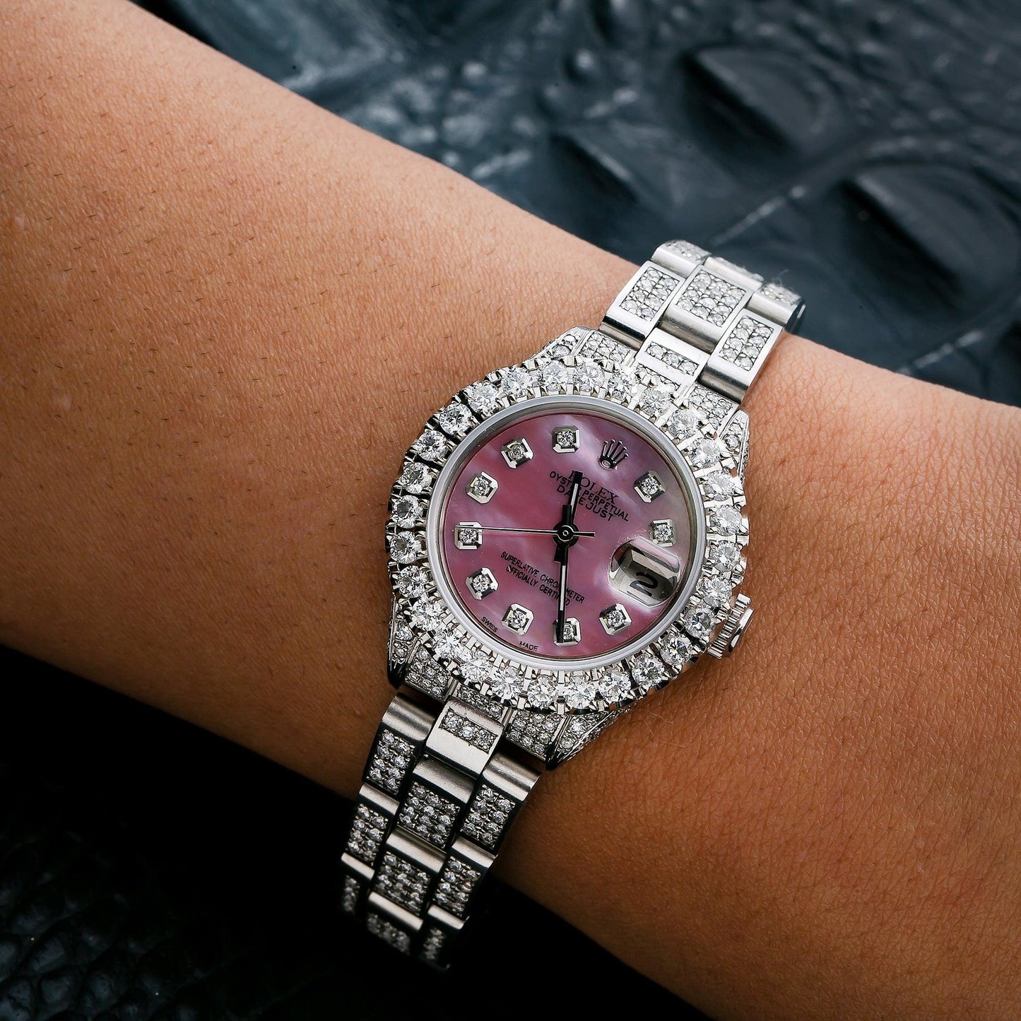 Rolex Datejust 26MM 6916 Pink Mother of Pearl Diamond Dial Diamond Bezel Stainless Steel Full Diamond Oyster Bracelet 6.95ct