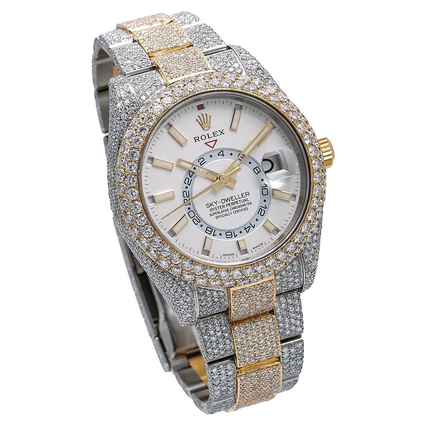 Rolex Sky-Dweller 42MM 326933 White Dial Diamond Bezel Two Tone Yellow Gold Full Diamond Oyster Bracelet