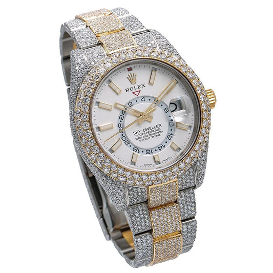 Rolex Sky-Dweller 42MM 326933 White Dial Diamond Bezel Two Tone Yellow Gold Full Diamond Oyster Bracelet