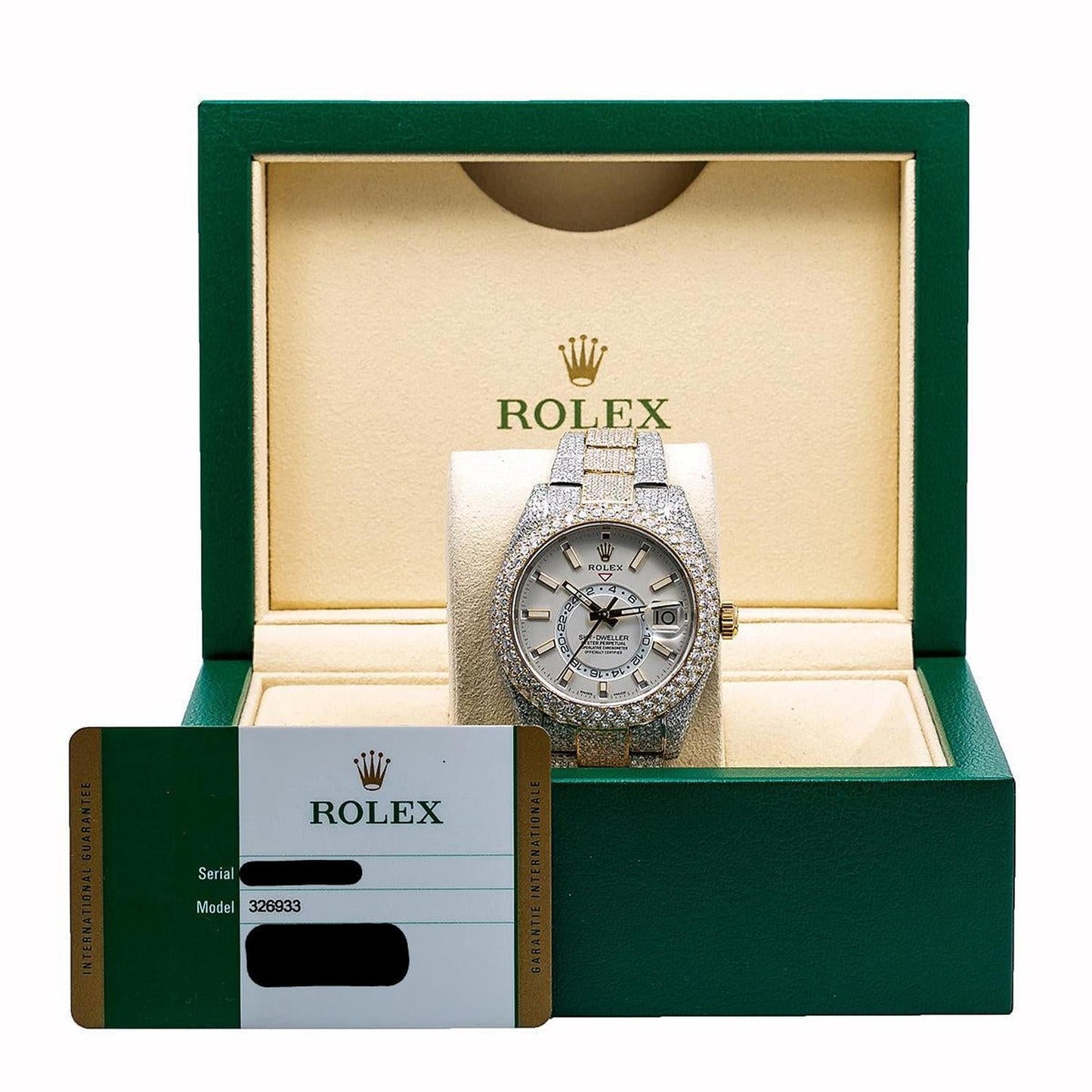 Rolex Sky-Dweller 42MM 326933 White Dial Diamond Bezel Two Tone Yellow Gold Full Diamond Oyster Bracelet