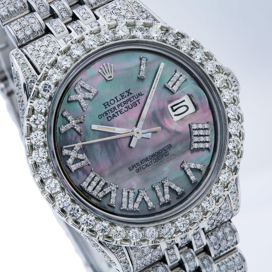 Rolex Datejust 36MM 1601 Black Mother of Pearl Roman Diamond Dial Diamond Bezel Stainless Steel Full Diamond Jubilee Bracelet 8.25ct
