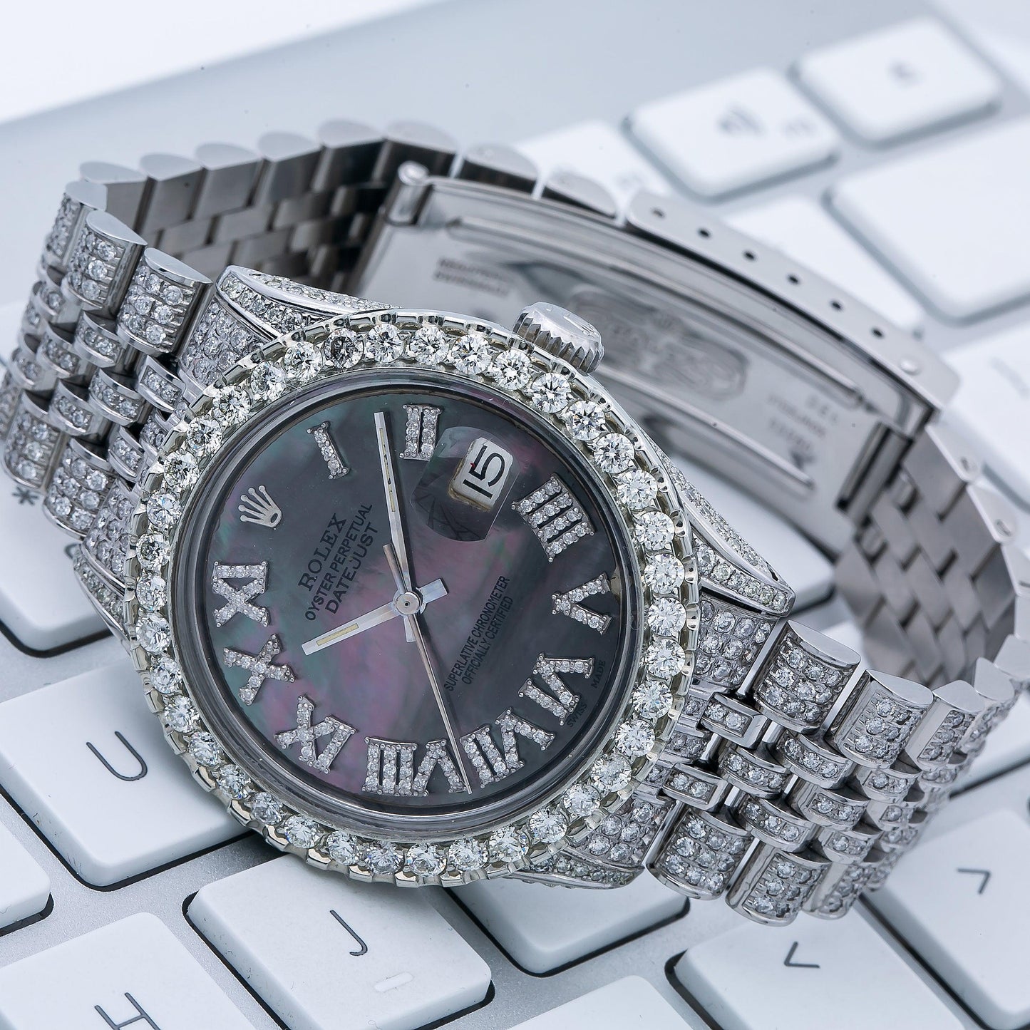 Rolex Datejust 36MM 1601 Black Mother of Pearl Roman Diamond Dial Diamond Bezel Stainless Steel Full Diamond Jubilee Bracelet 8.25ct