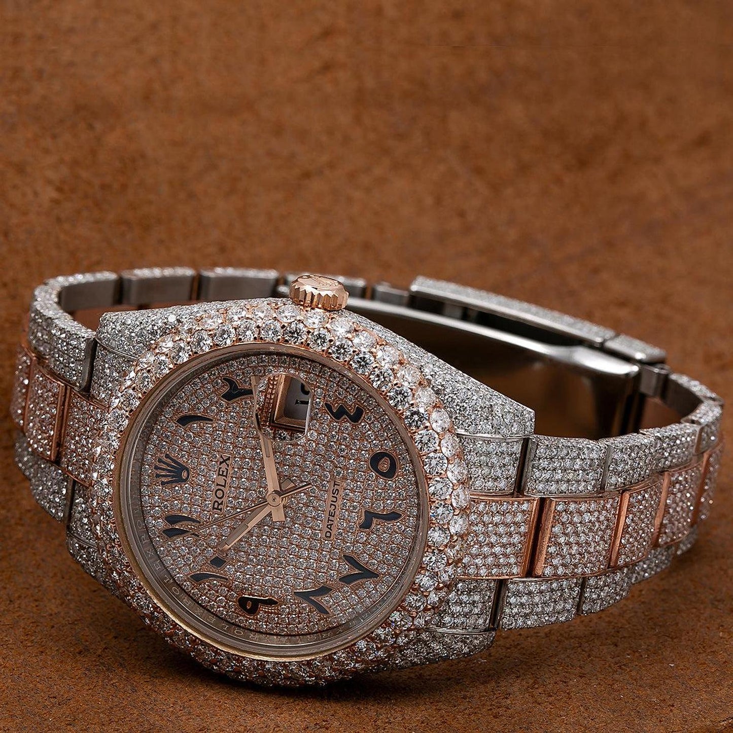Rolex Datejust 41MM 126301 Diamond Paved Eastern Arabic Dial Diamond Bezel Two Tone Rose Gold Full Diamond Oyster Bracelet 21.25ct