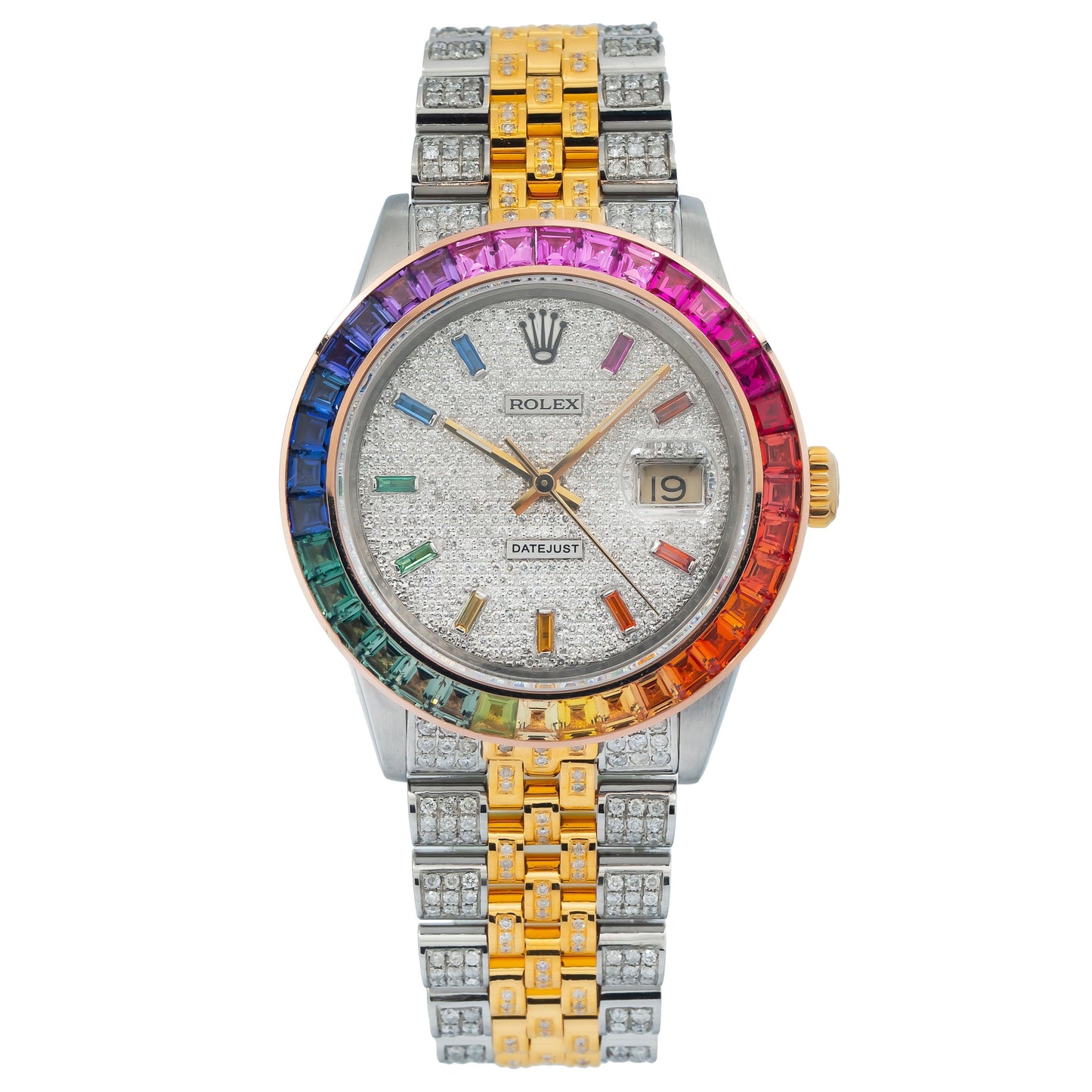 Rolex Datejust 36MM 16013 Diamond Paved Rainbow Hour Dial Rainbow Gemstone Bezel Two Tone Yellow Gold Full Diamond Jubilee Bracelet