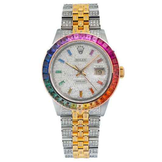 Rolex Datejust 36MM 16013 Diamond Paved Rainbow Hour Dial Rainbow Gemstone Bezel Two Tone Yellow Gold Full Diamond Jubilee Bracelet
