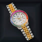 Rolex Datejust 36MM 16013 Diamond Paved Rainbow Hour Dial Rainbow Gemstone Bezel Two Tone Yellow Gold Full Diamond Jubilee Bracelet