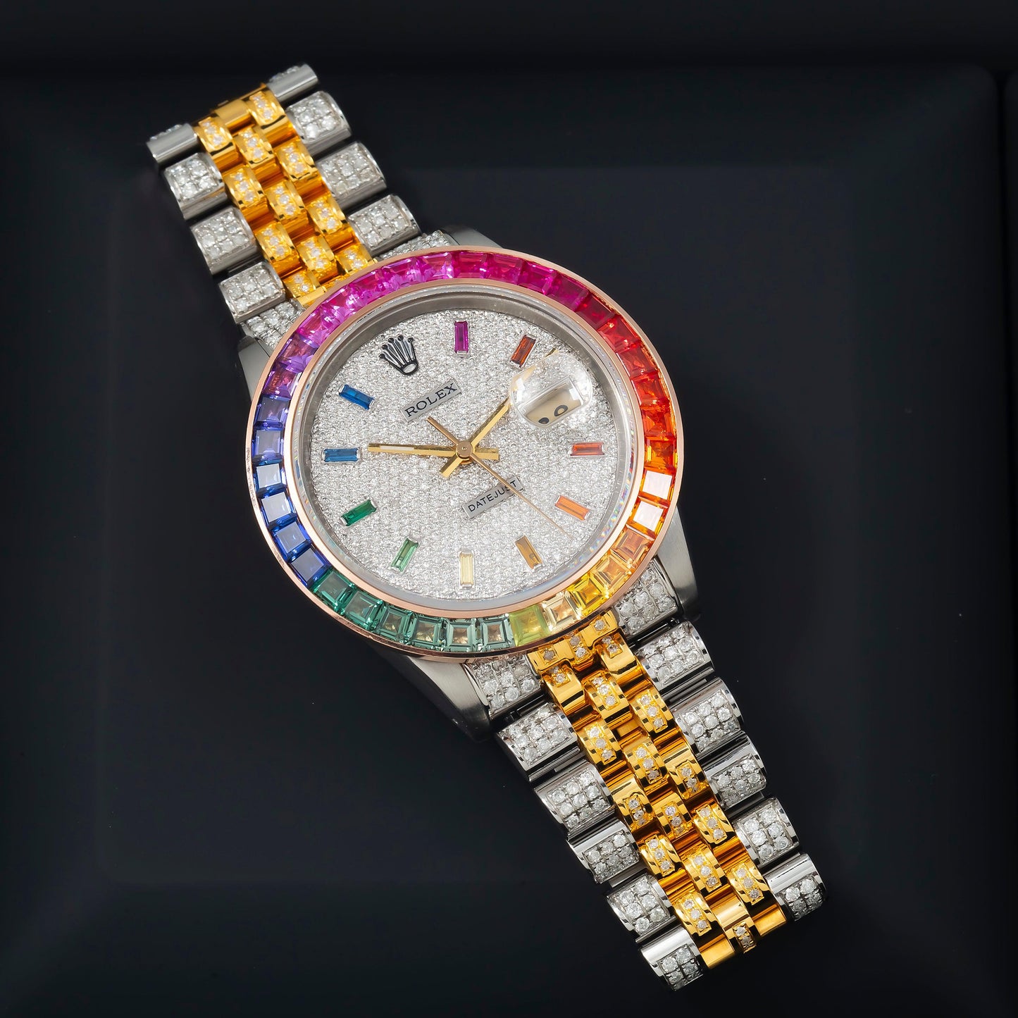Rolex Datejust 36MM 16013 Diamond Paved Rainbow Hour Dial Rainbow Gemstone Bezel Two Tone Yellow Gold Full Diamond Jubilee Bracelet