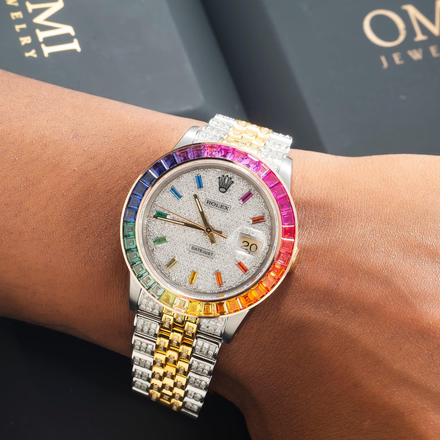 Rolex Datejust 36MM 16013 Diamond Paved Rainbow Hour Dial Rainbow Gemstone Bezel Two Tone Yellow Gold Full Diamond Jubilee Bracelet