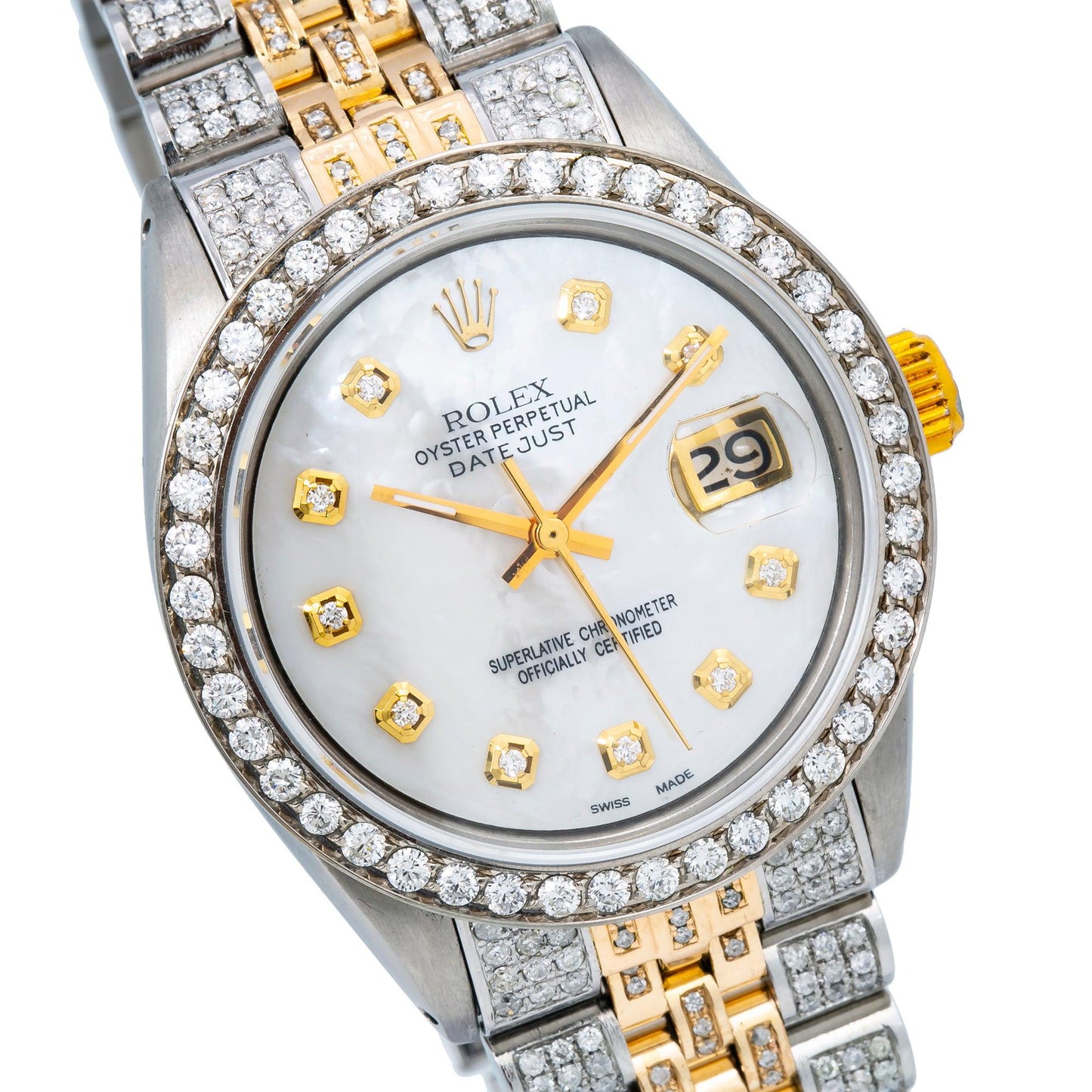 Rolex Datejust 36MM 1601 Mother of Pearl Diamond Dial Diamond Bezel Two Tone Yellow Gold Full Diamond Jubilee Bracelet