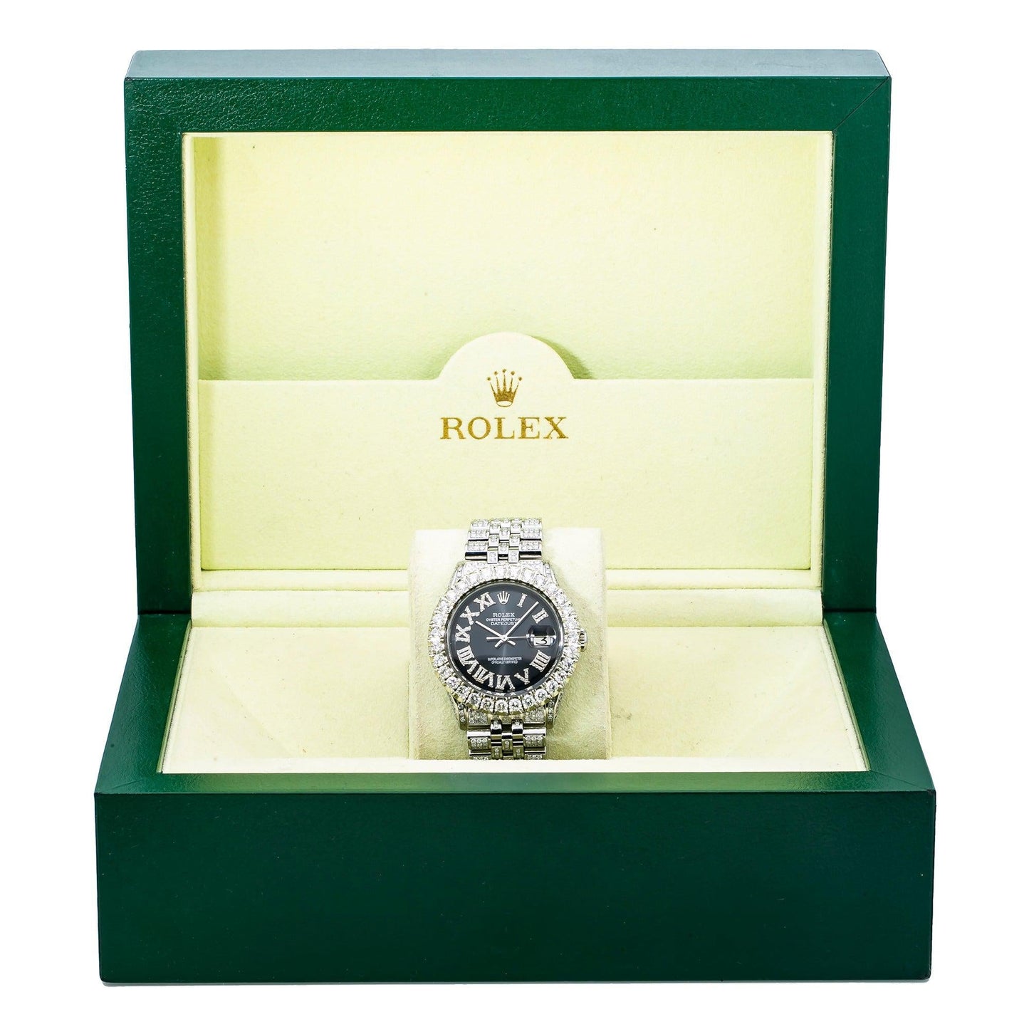 Rolex Datejust 36MM 1601 Black Roman Diamond Dial Diamond Bezel Stainless Steel Full Diamond Jubilee Bracelet 8.25ct