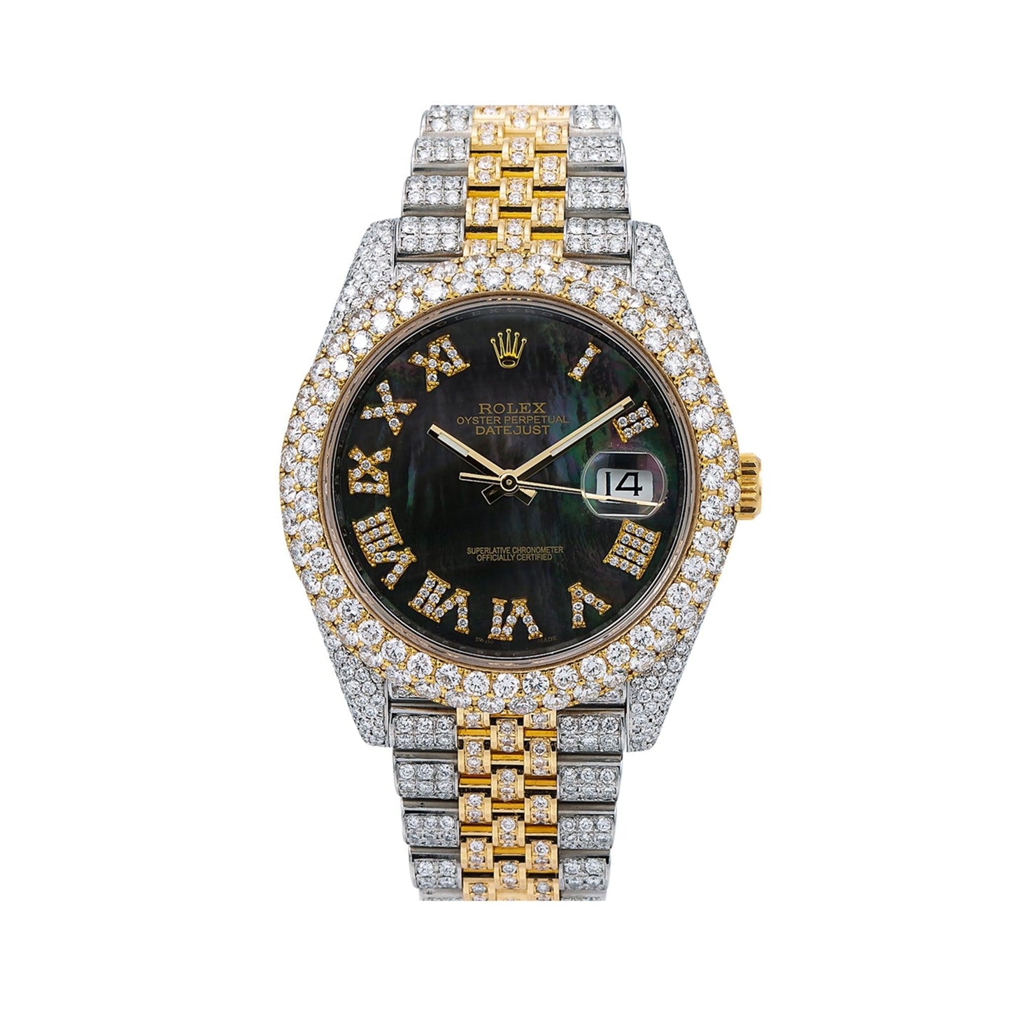 Rolex Datejust 41MM 126333 Black Mother of Pearl Roman Diamond Dial Diamond Bezel Two Tone Yellow Gold Full Diamond Jubilee Bracelet