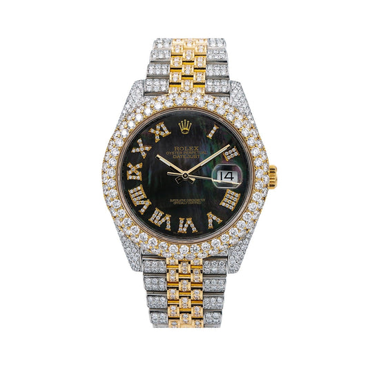 Rolex Datejust 41MM 126333 Black Mother of Pearl Roman Diamond Dial Diamond Bezel Two Tone Yellow Gold Full Diamond Jubilee Bracelet