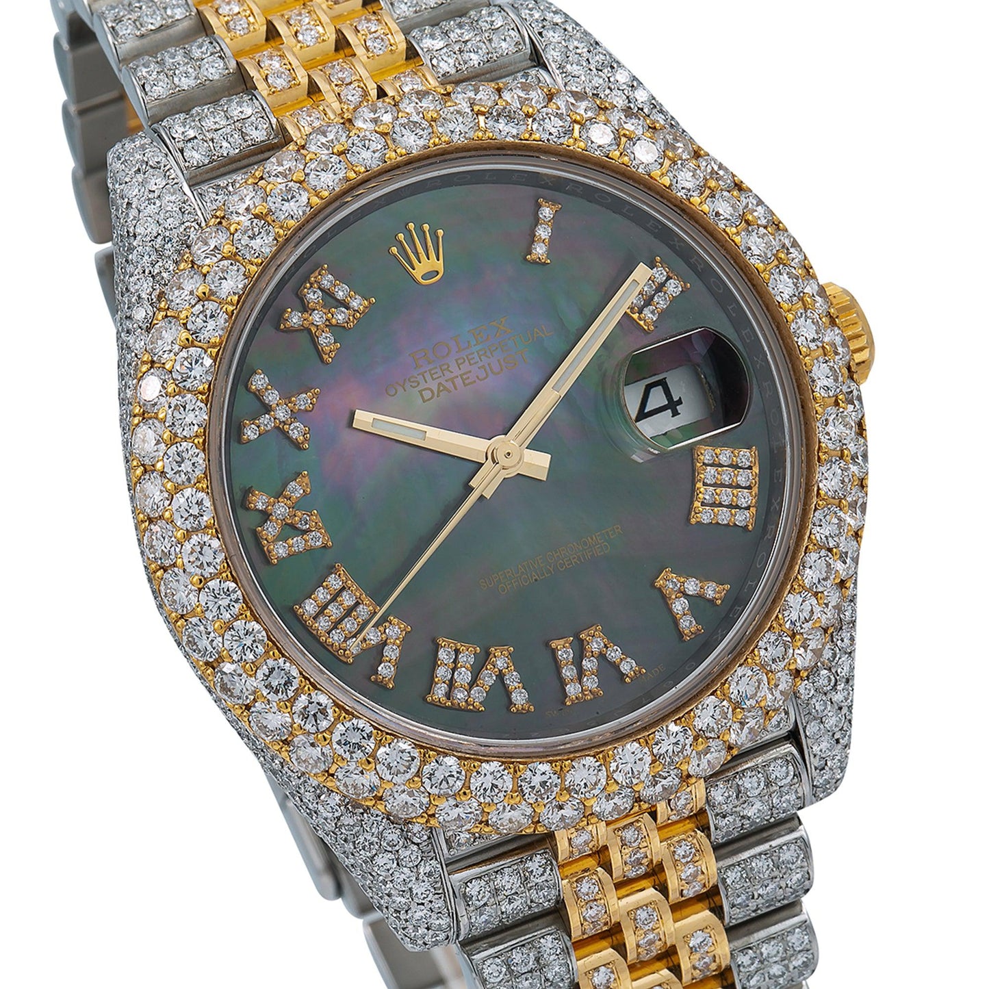 Rolex Datejust 41MM 126333 Black Mother of Pearl Roman Diamond Dial Diamond Bezel Two Tone Yellow Gold Full Diamond Jubilee Bracelet