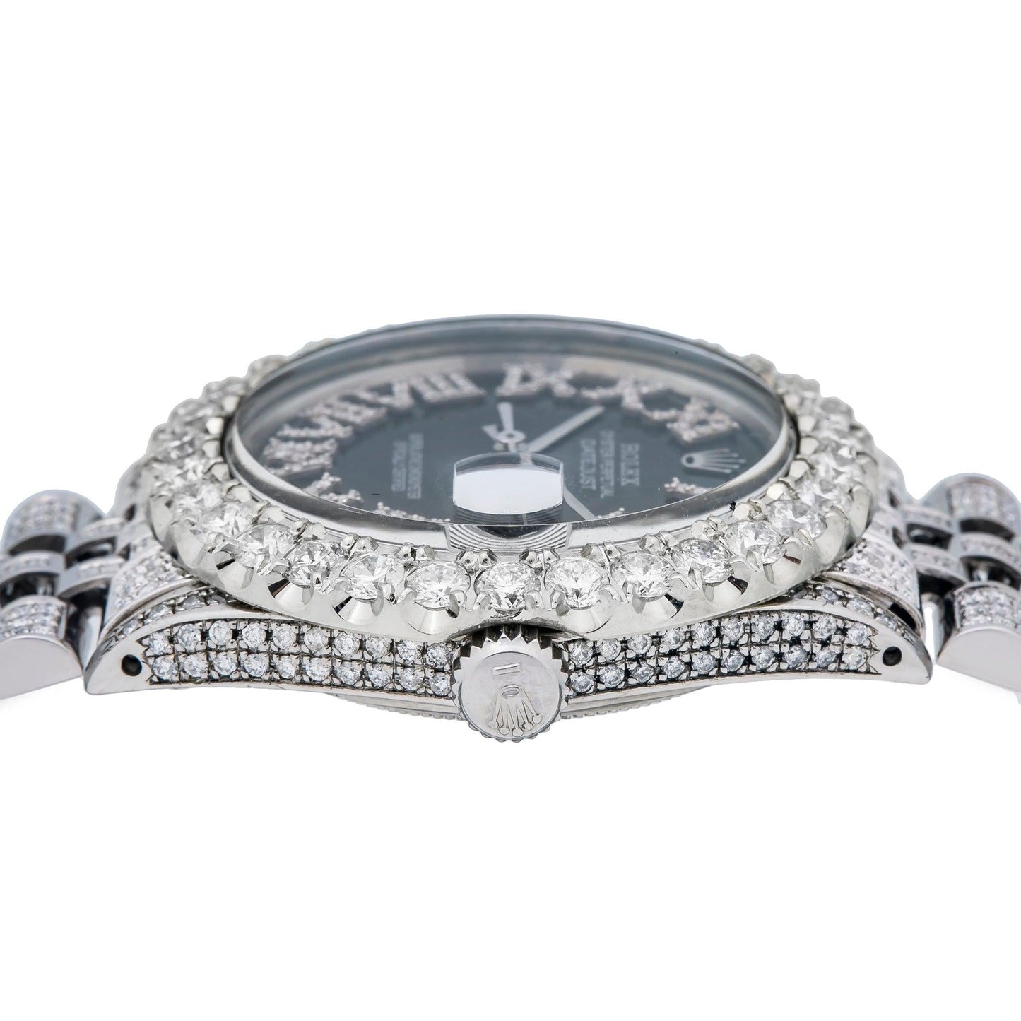 Rolex Datejust 36MM 1601 Black Roman Diamond Dial Diamond Bezel Stainless Steel Full Diamond Jubilee Bracelet 8.25ct