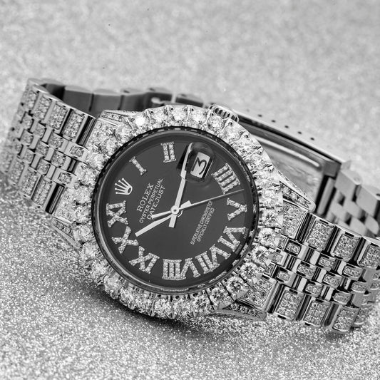 Rolex Datejust 36MM 1601 Black Roman Diamond Dial Diamond Bezel Stainless Steel Full Diamond Jubilee Bracelet 8.25ct