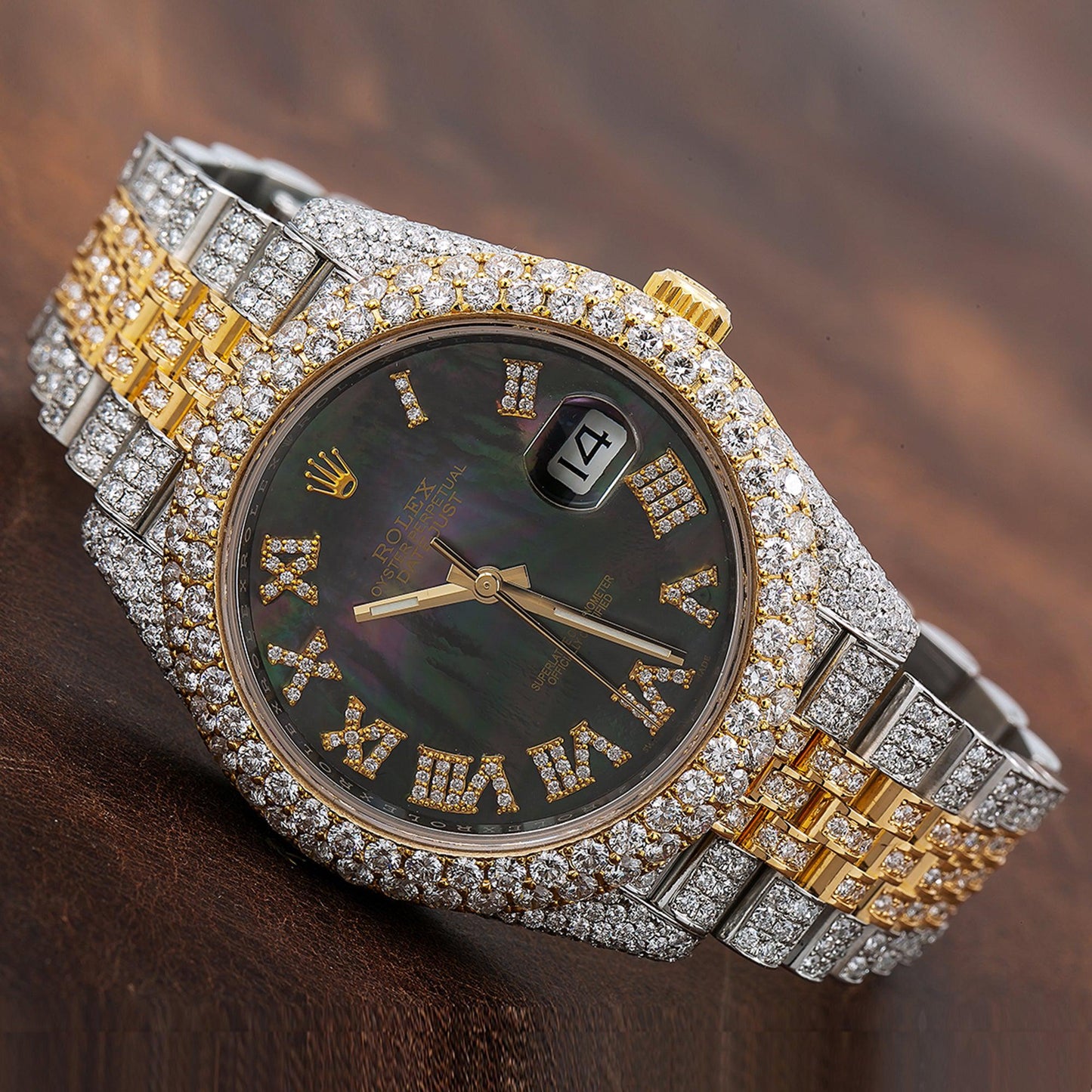 Rolex Datejust 41MM 126333 Black Mother of Pearl Roman Diamond Dial Diamond Bezel Two Tone Yellow Gold Full Diamond Jubilee Bracelet