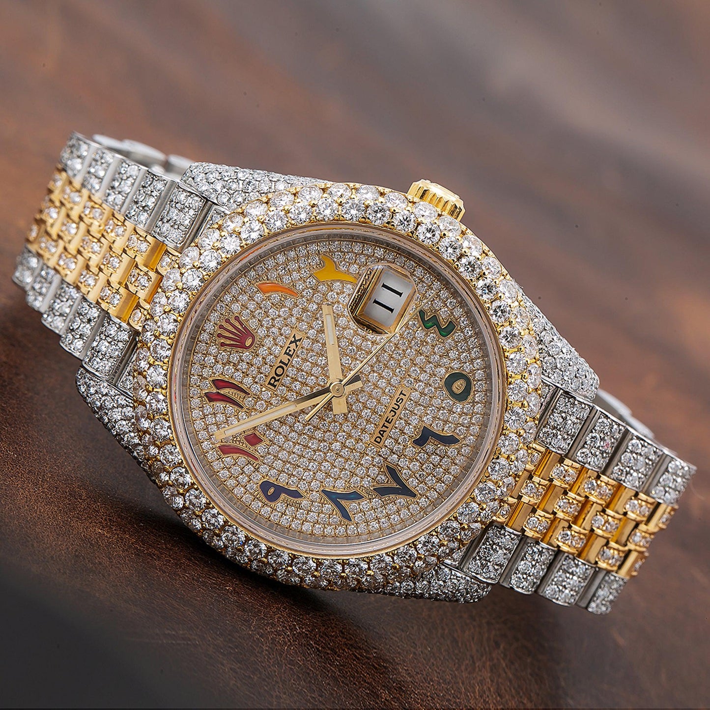 Rolex Datejust 41MM 126333 Diamond Paved Rainbow Eastern Arabic Dial Diamond Bezel Two Tone Yellow Gold Full Diamond Jubilee Bracelet 17.25ct