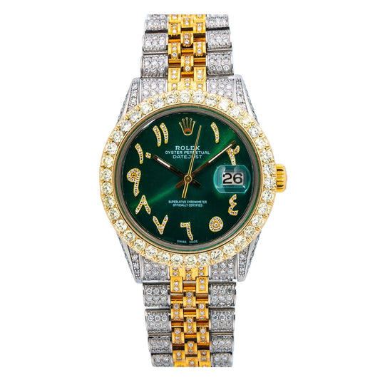 Rolex Datejust 36MM 1601 Green Eastern Arabic Diamond Dial Diamond Bezel Two Tone Yellow Gold Full Diamond Jubilee Bracelet 8.25ct