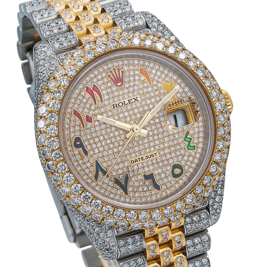 Rolex Datejust 41MM 126333 Diamond Paved Rainbow Eastern Arabic Dial Diamond Bezel Two Tone Yellow Gold Full Diamond Jubilee Bracelet 17.25ct